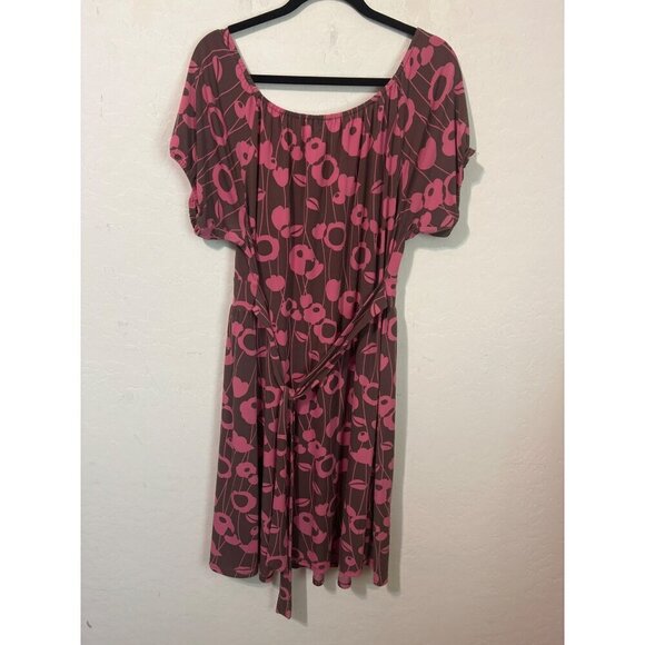 Elle Dress Brown Pink Scoop Neck Very Stretchy Dress Sz L With Waist Belt Tie - Picture 4 of 6